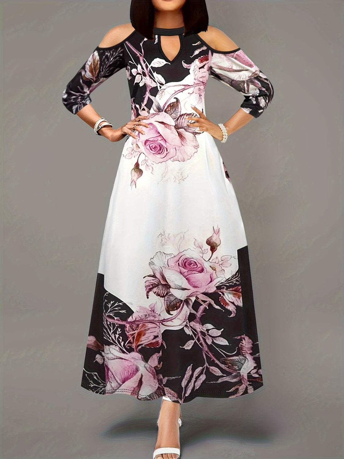 Plus Size Cutout Printed Cold Shoulder Dress - Trendsi - Flyclothing LLC