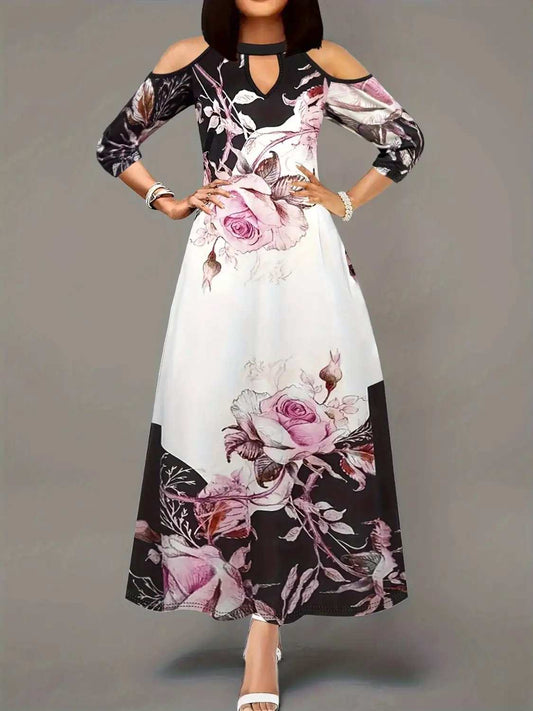 Plus Size Cutout Printed Cold Shoulder Dress - Trendsi - Flyclothing LLC