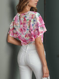 Floral Round Neck Flutter Sleeve Blouse - Trendsi