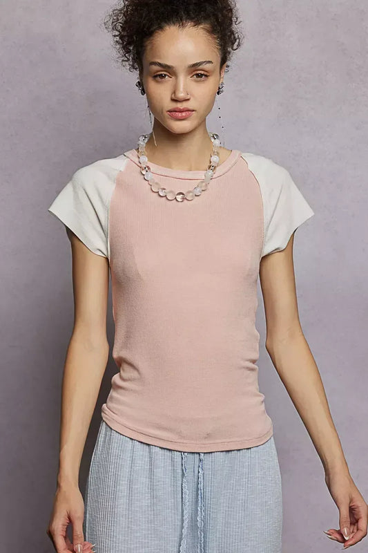 POL Round Neck Outseam Detail T-Shirt with Contrast Color Sleeves - Trendsi - Flyclothing LLC