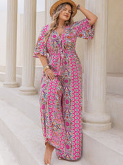 Plus Size Printed Half Sleeve Wide Leg Jumpsuit - Trendsi