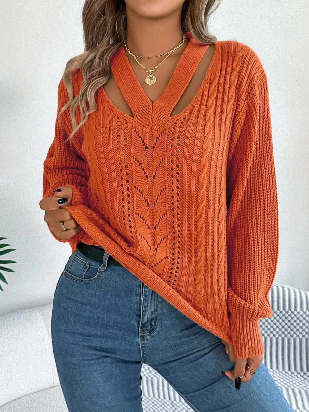 Cutout V-Neck Long Sleeve Sweater - Trendsi - Flyclothing LLC