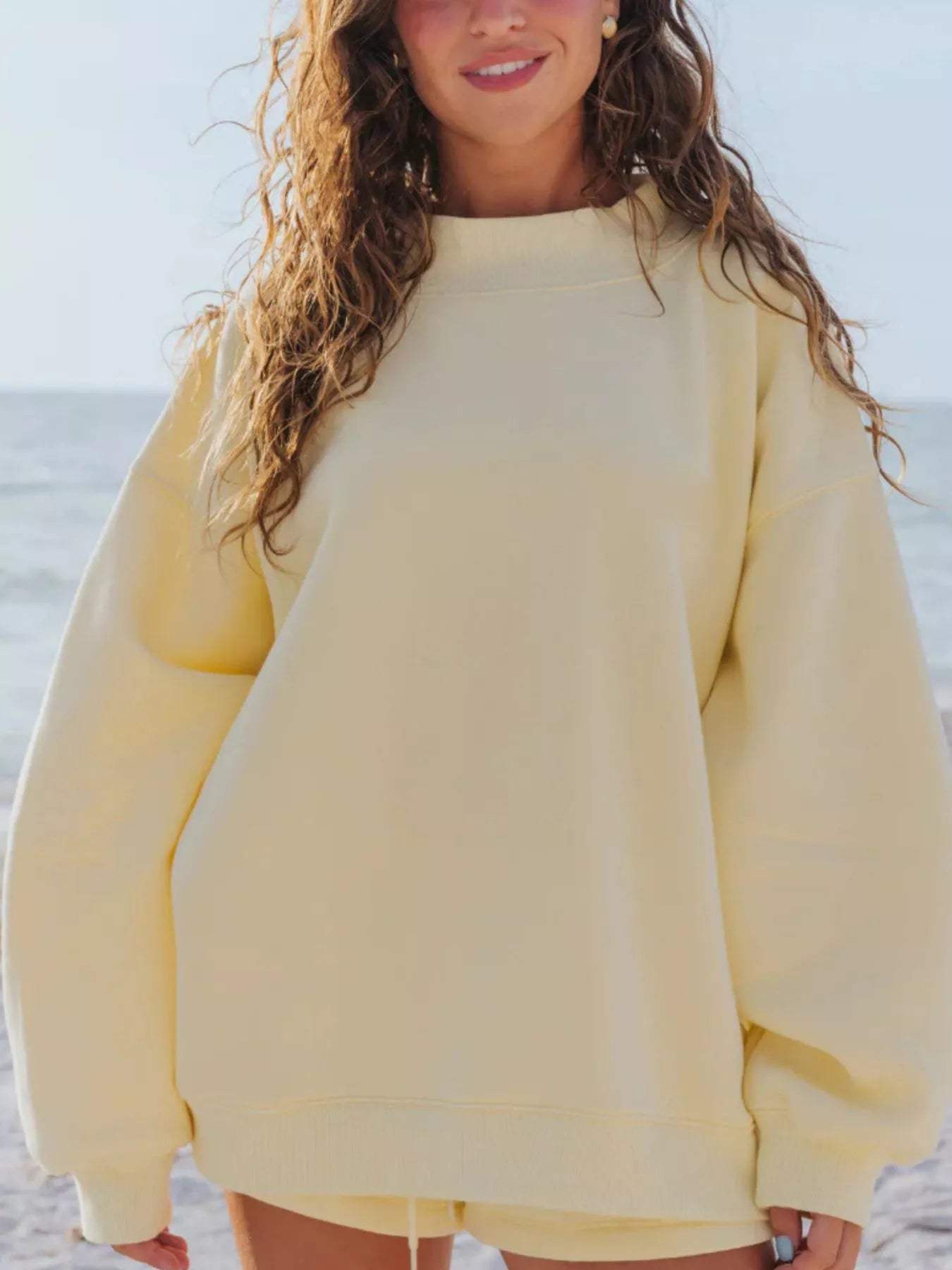 Relaxed Fit Round Neck Sweatshirt and Shorts Set - Trendsi - Flyclothing LLC