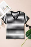 Striped Print V Neck Delicate Trim Casual Tee - Trendsi - Flyclothing LLC