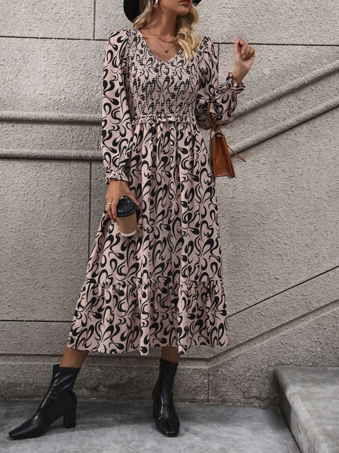Printed V-Neck Long Sleeve Midi Dress - Trendsi