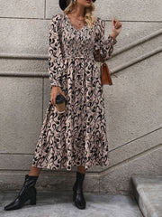 Printed V-Neck Long Sleeve Midi Dress - Trendsi