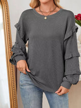 Ruffled Long Sleeve Knit T-Shirt - Trendsi - Flyclothing LLC
