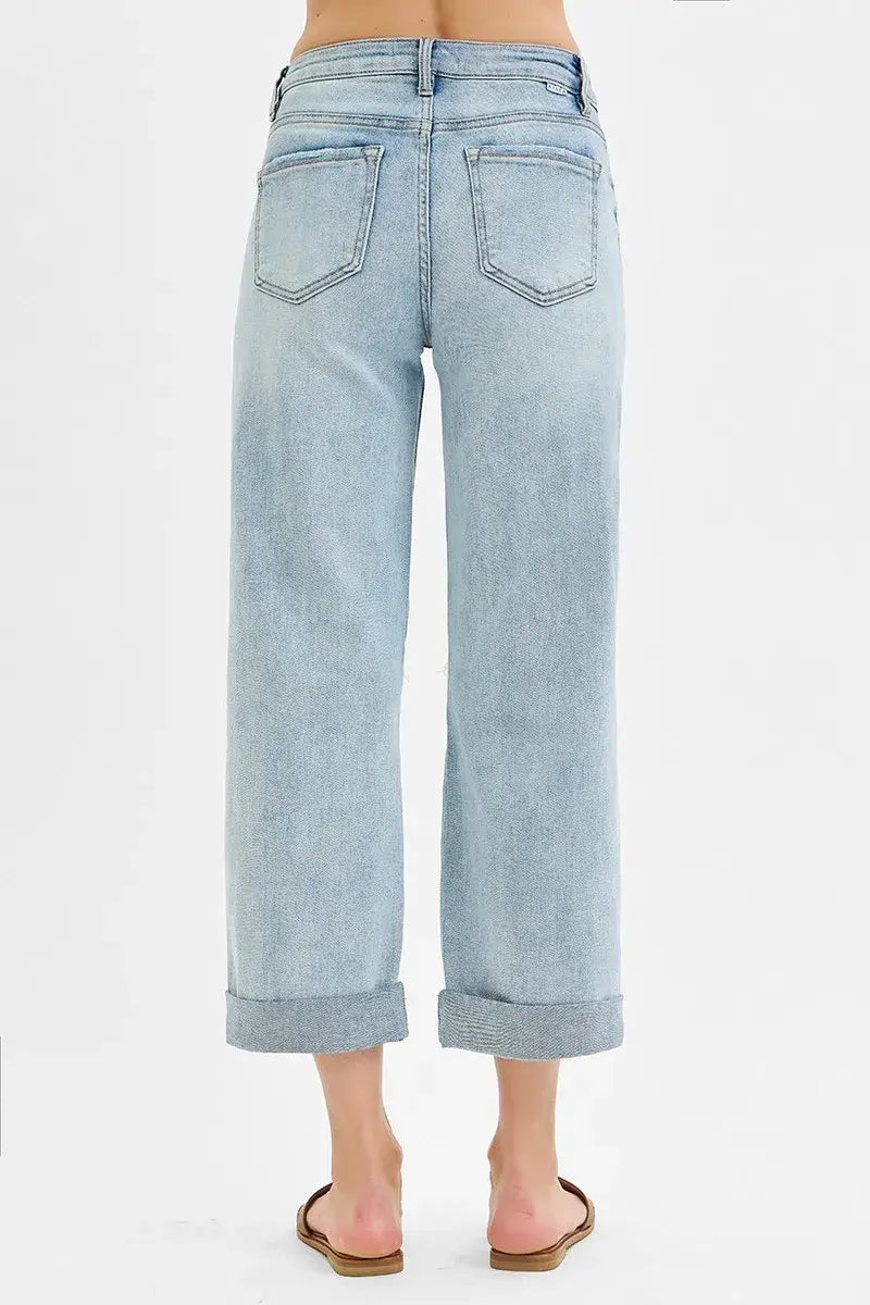 RISEN Full Size Mid Rise Fit Boyfriend Jeans with Cuff Plus Size - Trendsi - Flyclothing LLC