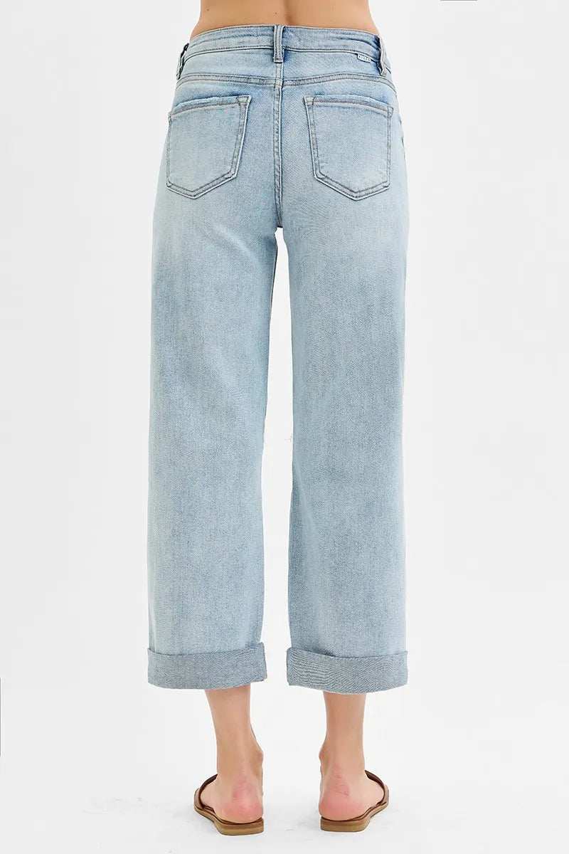RISEN Full Size Mid Rise Fit Boyfriend Jeans with Cuff Plus Size - Trendsi - Flyclothing LLC