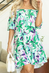 Floral Print Shirred Square Neck Loose Fit Mini Dress - Trendsi - Flyclothing LLC