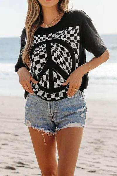 Checkered Peace Sign Round Neck T-Shirt - Trendsi - Flyclothing LLC