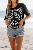 Checkered Peace Sign Round Neck T-Shirt - Trendsi - Flyclothing LLC