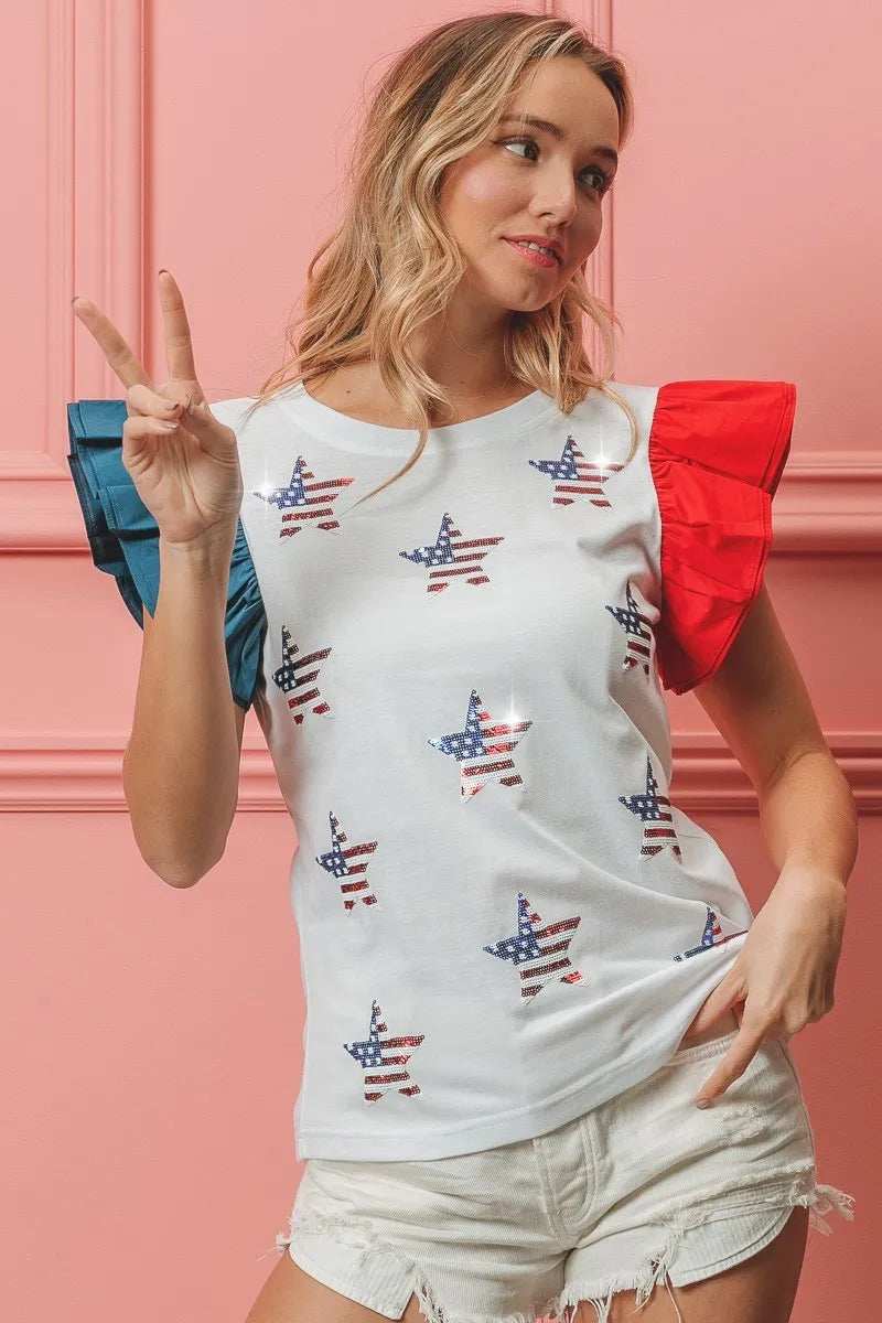 BiBi American Flag Sequin Stars Top - Trendsi - Flyclothing LLC