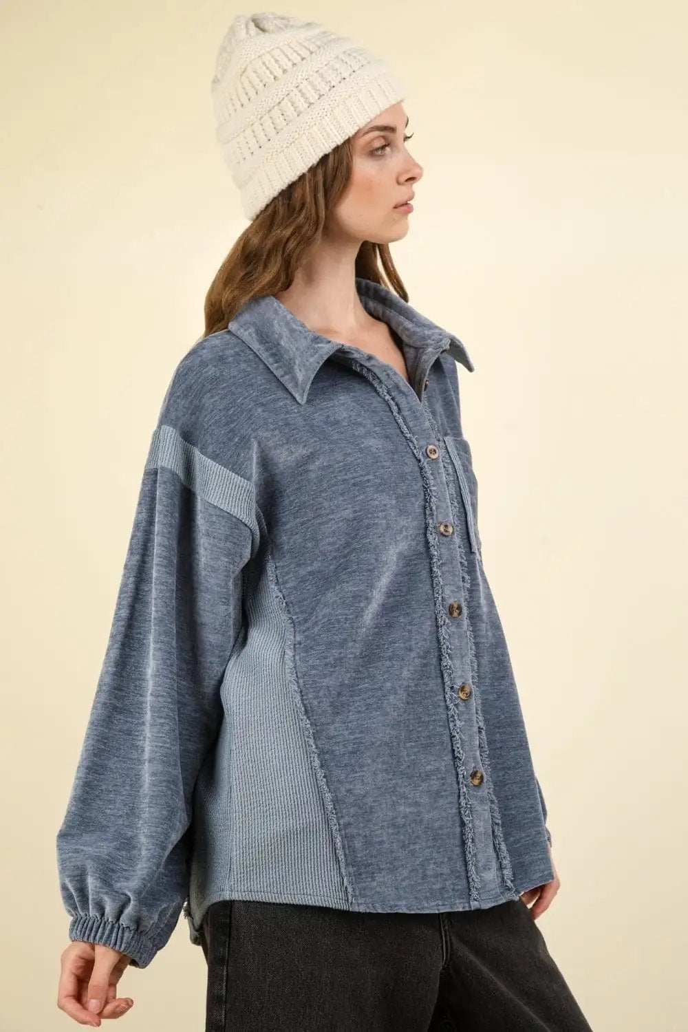 VERY J Mixed Media Button Down Raw Hem Shacket - Trendsi - Flyclothing LLC