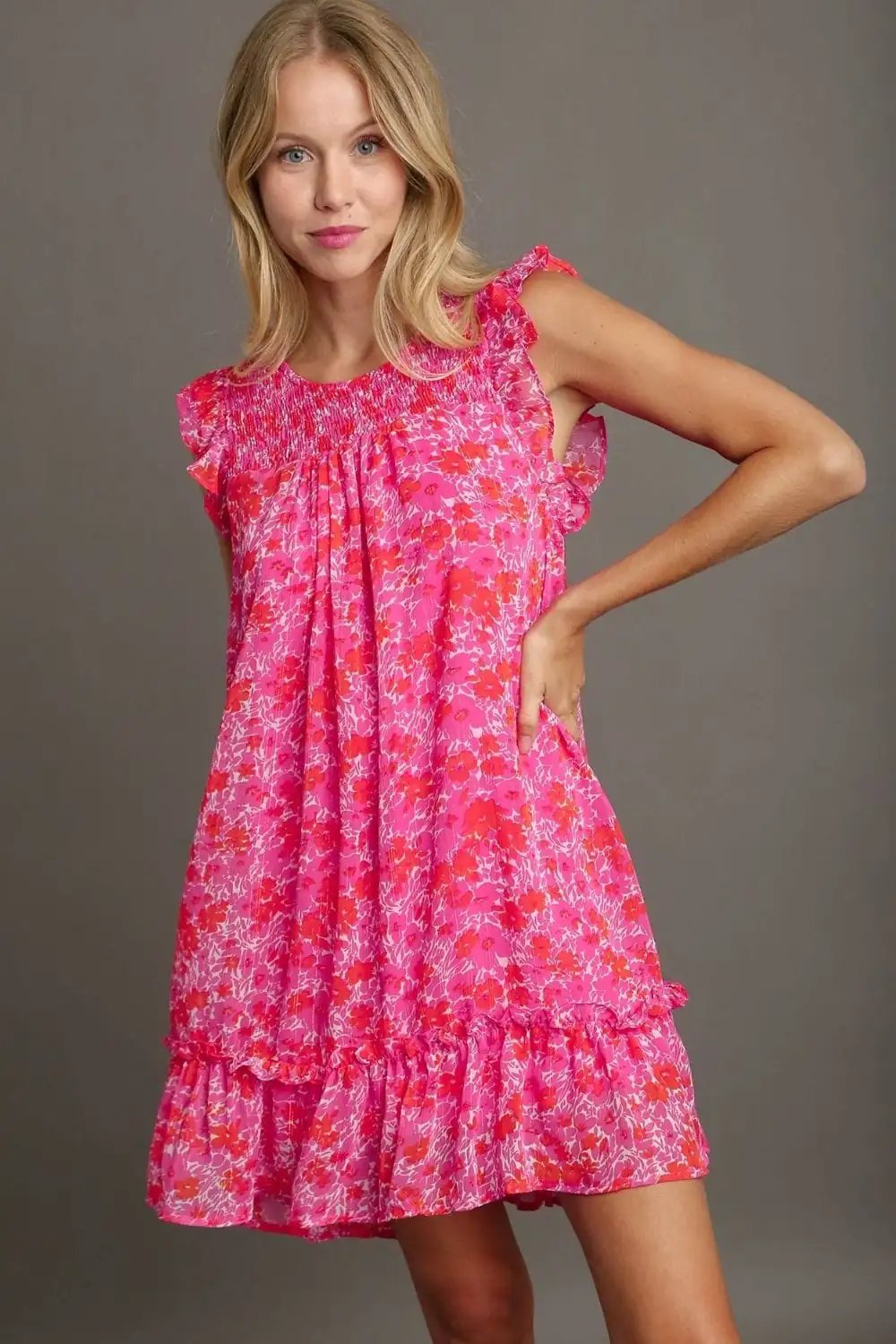 Umgee Full Size Smocked Detail Floral Metallic Ruffle Cap Sleeve Dress Plus Size - Trendsi
