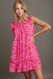 Umgee Full Size Smocked Detail Floral Metallic Ruffle Cap Sleeve Dress Plus Size - Trendsi