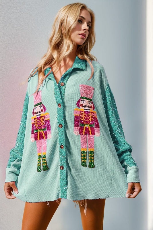 Double Take Sequin Nutcracker Button Up Shirt - Trendsi