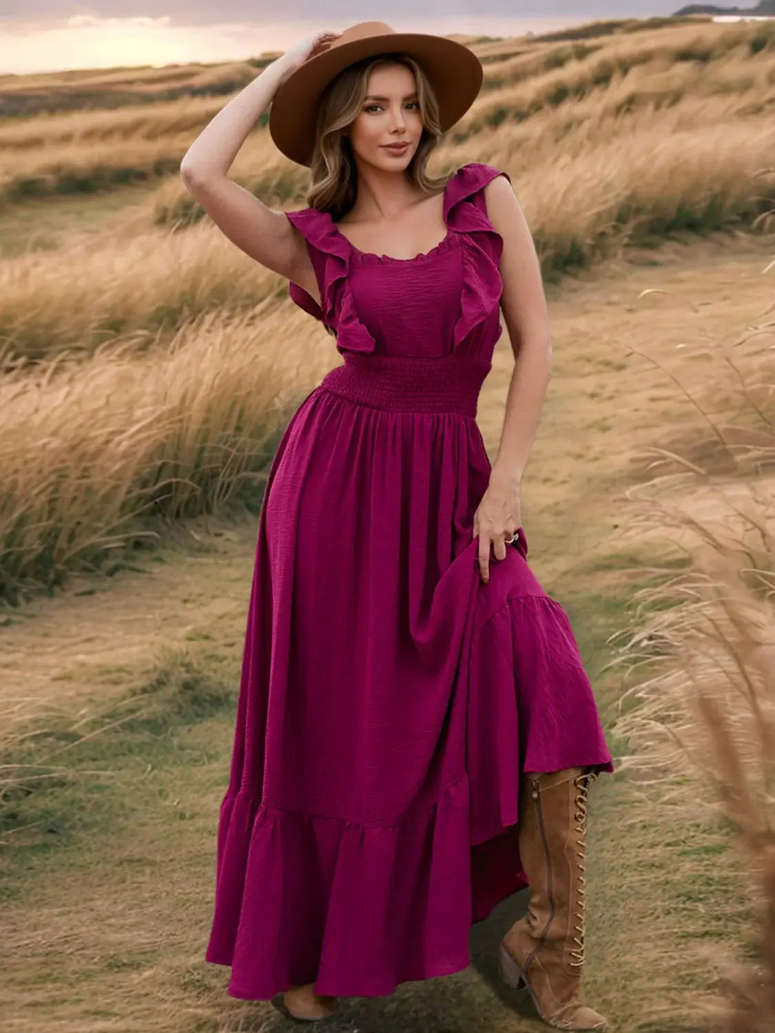 Ruffled Smocked Square Neck Maxi Dress - Trendsi - Flyclothing LLC