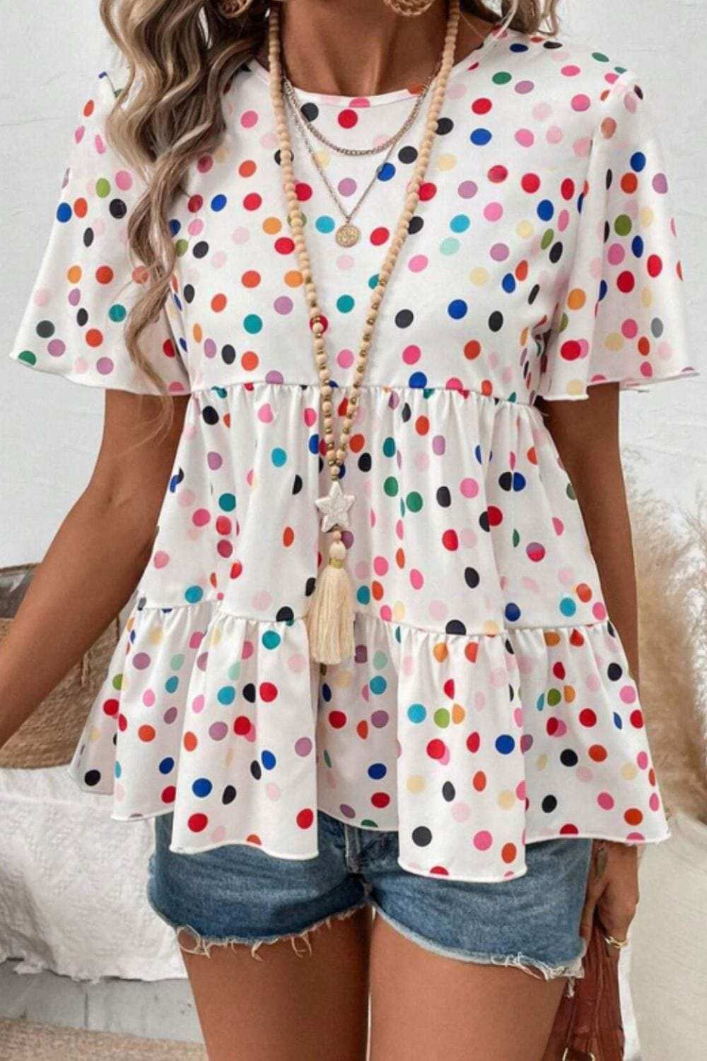 Polka Dot Short Sleeve Tiered Ruffled Babydoll Blouse - Trendsi - Flyclothing LLC