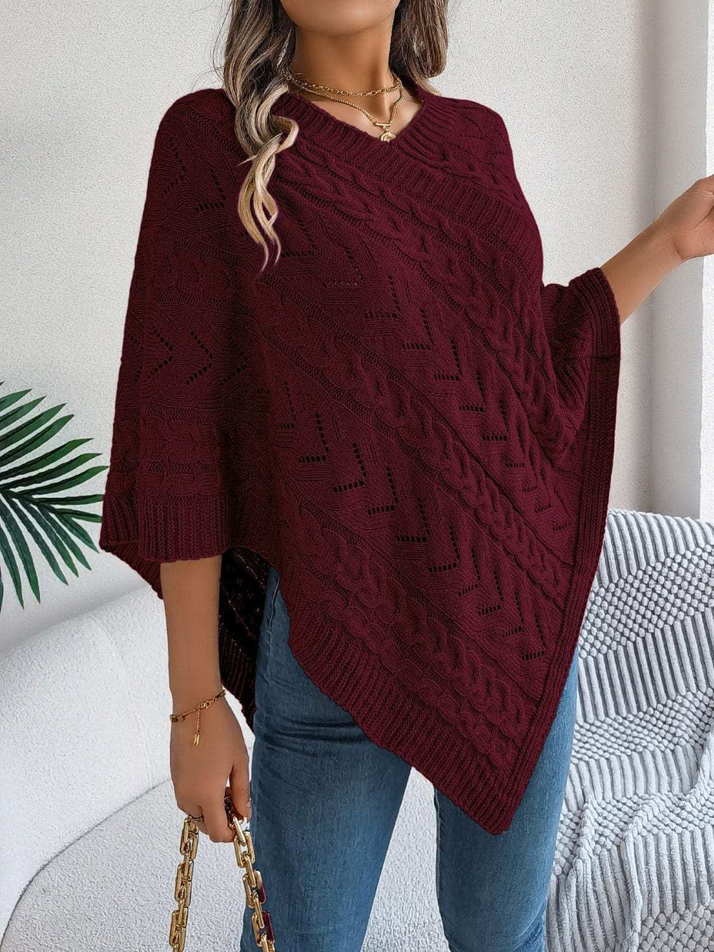 Cable-Knit Openwork Three-Quarter Sleeve Sweater - Trendsi - Flyclothing LLC