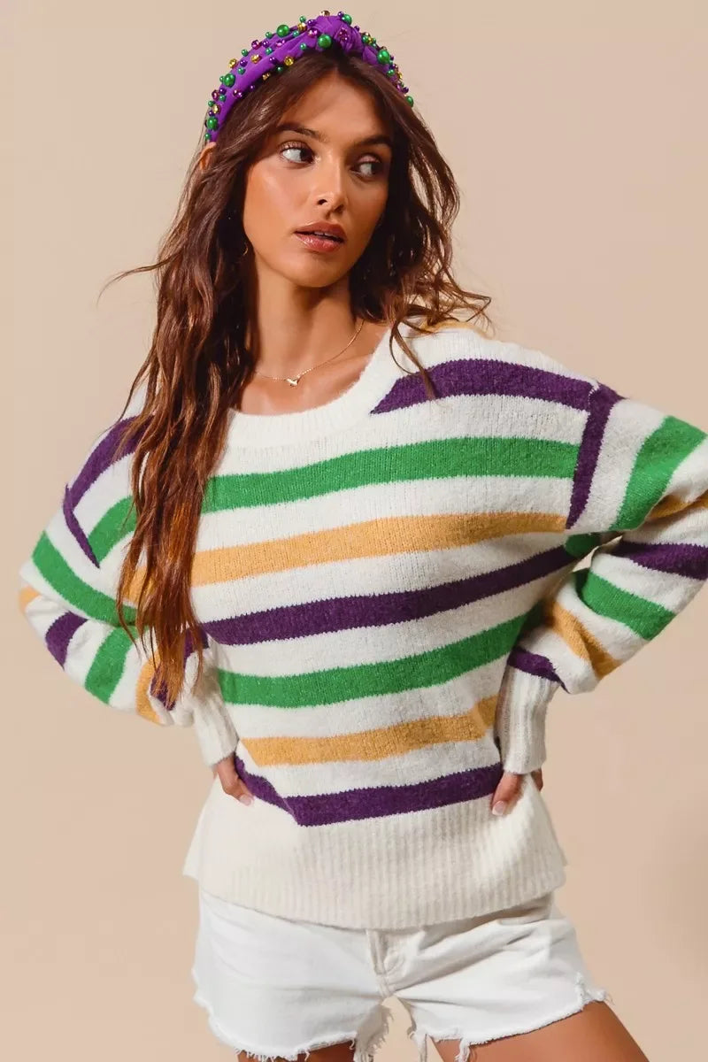 SO ME Mardi Gras Color Stripe Round Neck Sweater Top - Trendsi - Flyclothing LLC