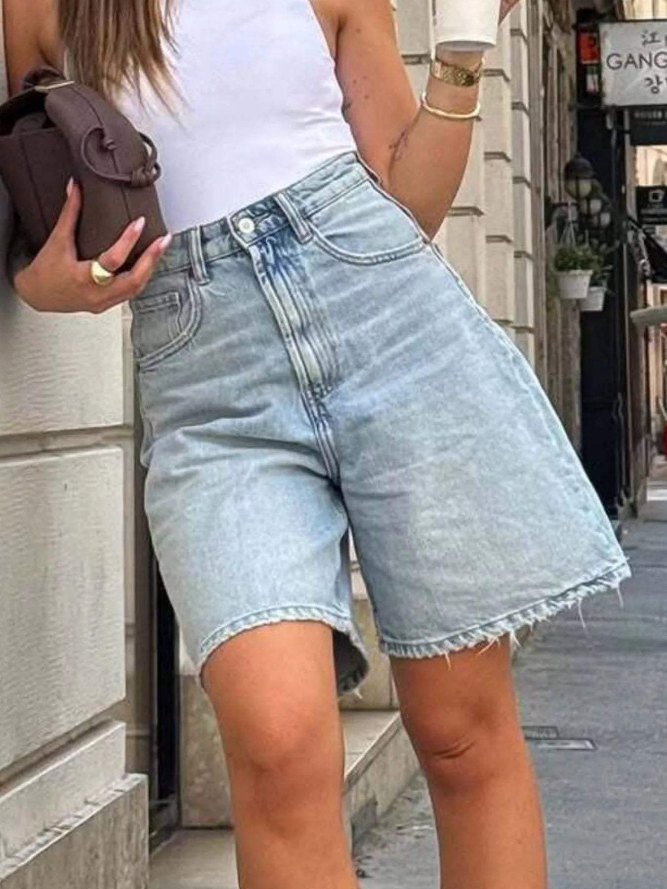 High-Waisted Raw Hem Denim Shorts - Trendsi - Flyclothing LLC