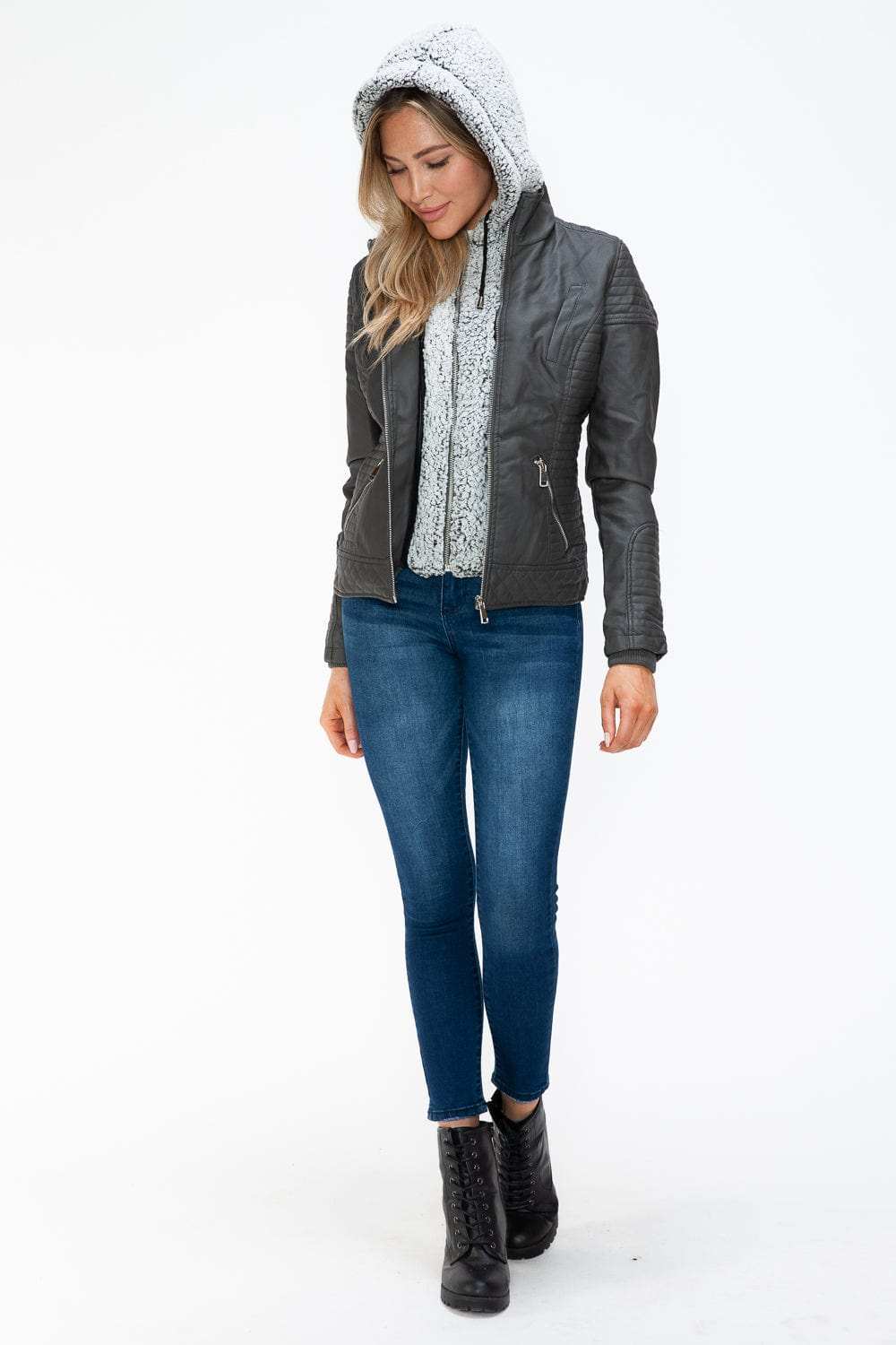 YMI Faux Layered Double-Zipper Jacket with Fuzzy Hood - Trendsi - Flyclothing LLC