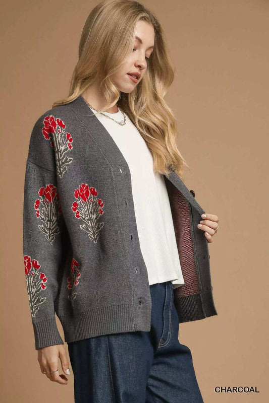 Umgee Single Flower Stem Jacquard Cardigan Sweater - Trendsi - Flyclothing LLC