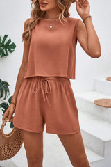 Round Neck Top and Drawstring Shorts Set - Trendsi - Flyclothing LLC