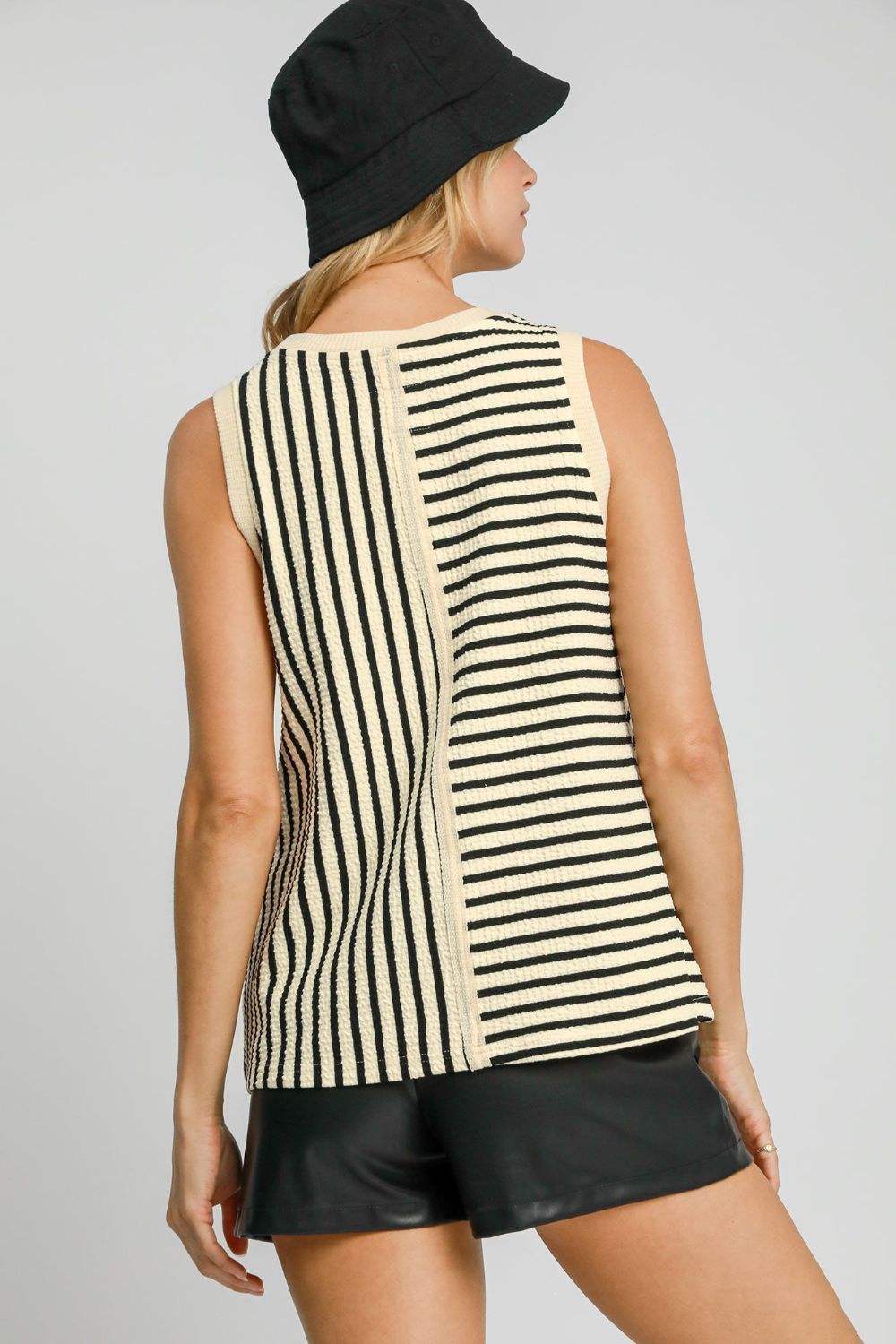 Umgee Round Neck Texture Striped Tank - Trendsi - Flyclothing LLC