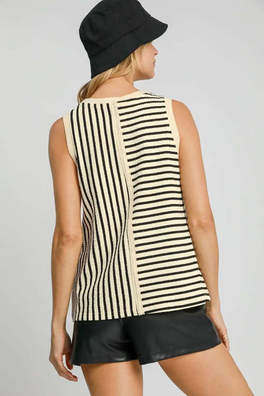 Umgee Round Neck Texture Striped Tank - Trendsi - Flyclothing LLC