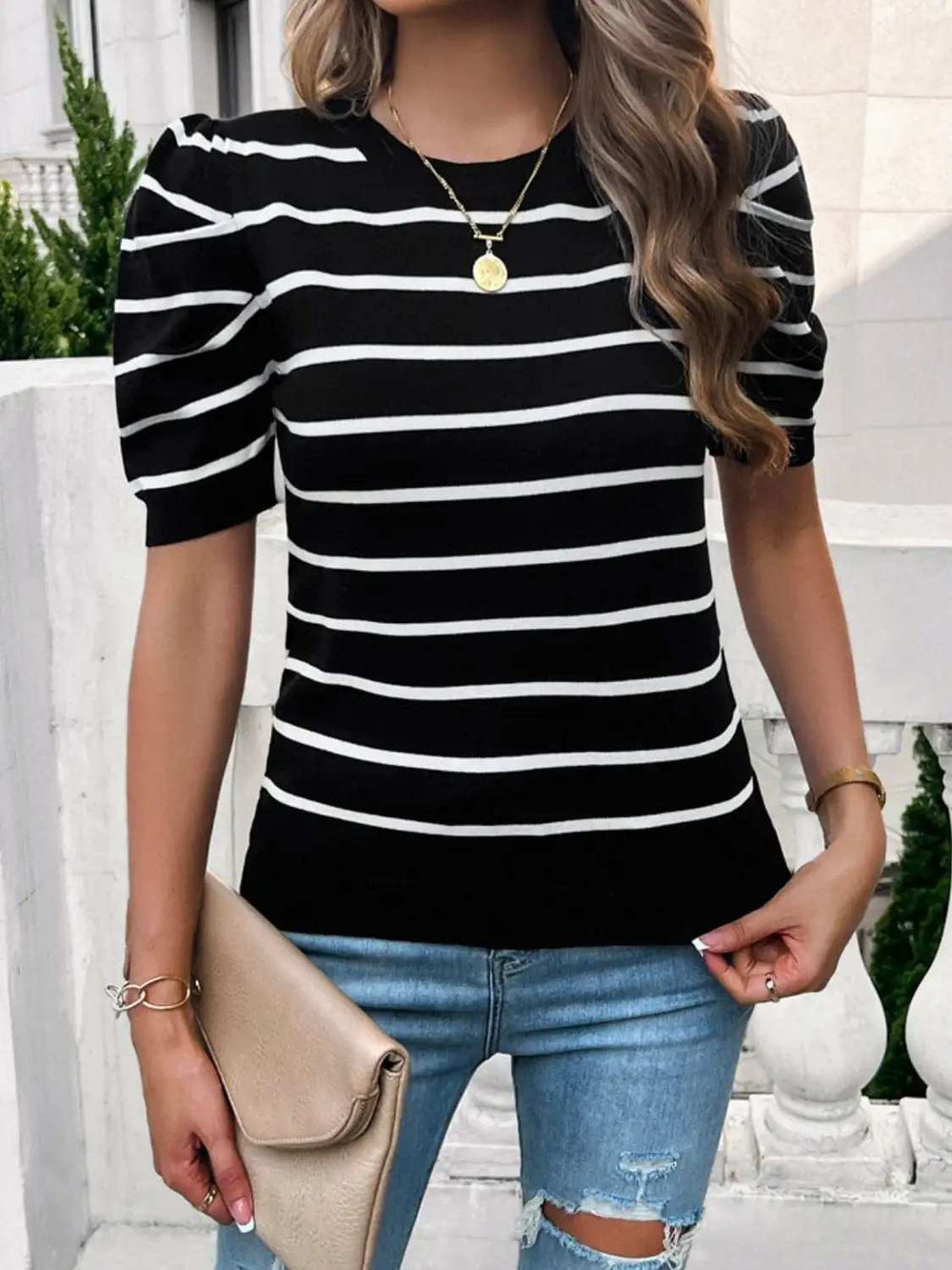 Striped Round Neck Puff Sleeve Knit Top - Trendsi - Flyclothing LLC