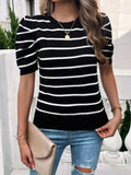 Striped Round Neck Puff Sleeve Knit Top - Trendsi - Flyclothing LLC