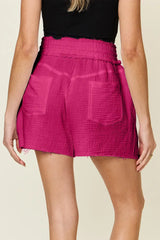 Double Take Full Size Texture Raw Trim Drawstring Shorts - Trendsi - Flyclothing LLC