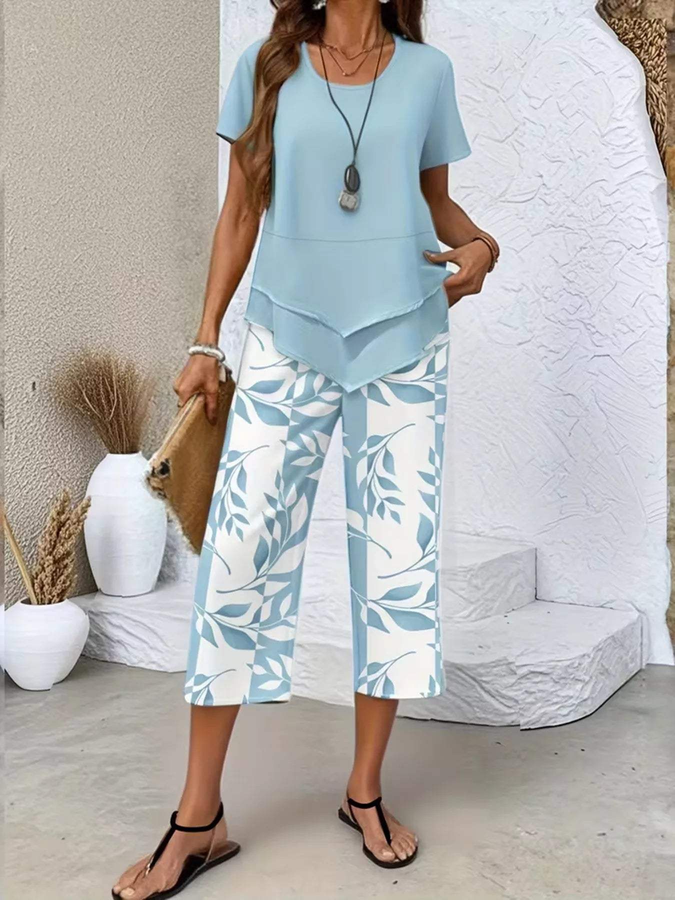 Layered Top and Leaf Print Cropped Pants Set - Trendsi - Flyclothing LLC