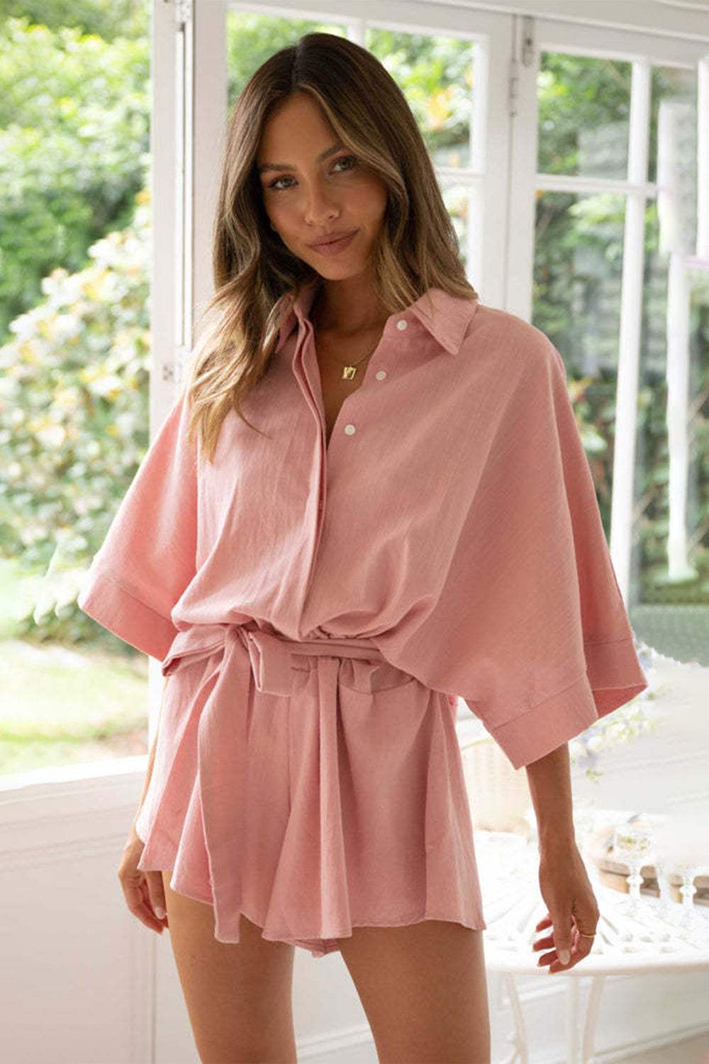 Tied Button Up Collared Neck Romper - Trendsi - Flyclothing LLC