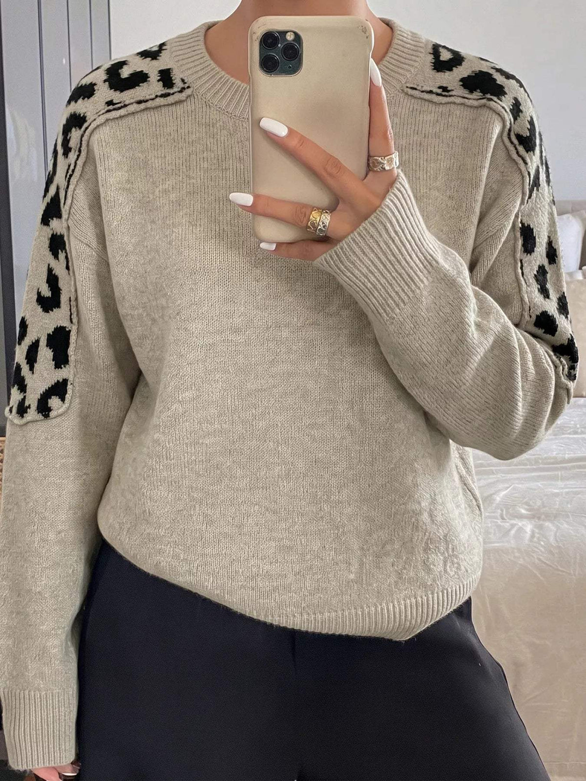 Leopard Round Neck Sweater - Trendsi - Flyclothing LLC