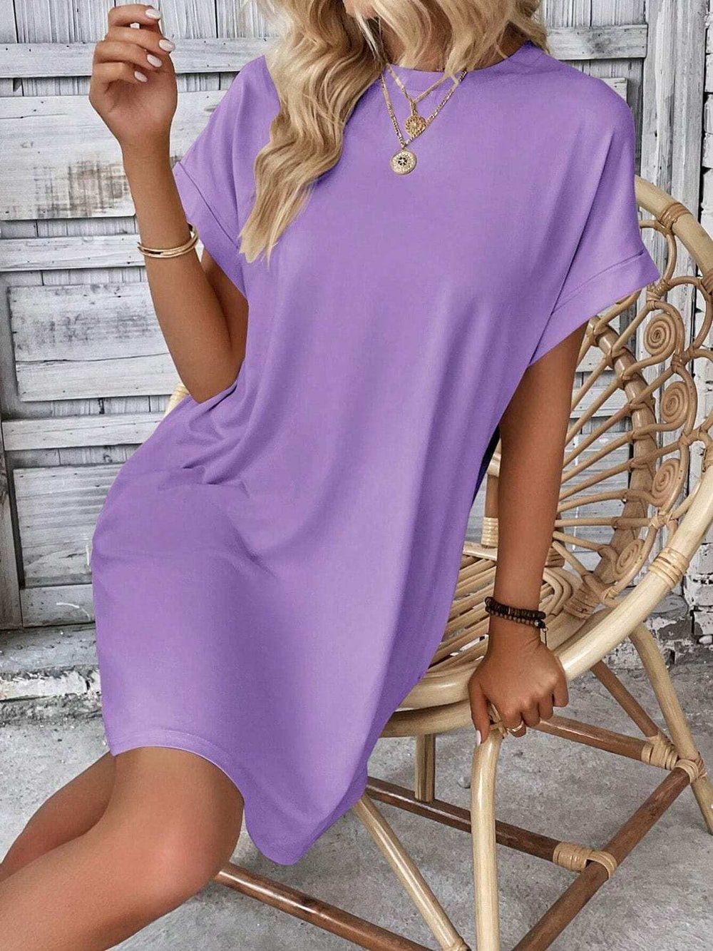 Round Neck Short Sleeve Mini Dress - Trendsi - Flyclothing LLC