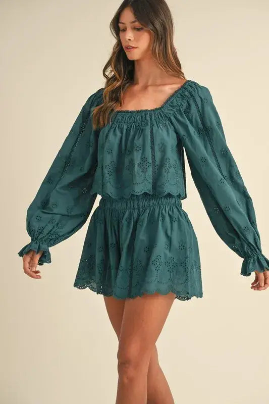 MABLE Embroidered Scalloped Lace Top and Short Set - Trendsi - Flyclothing LLC