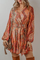 Tied Printed Balloon Sleeve Mini Dress - Trendsi - Flyclothing LLC