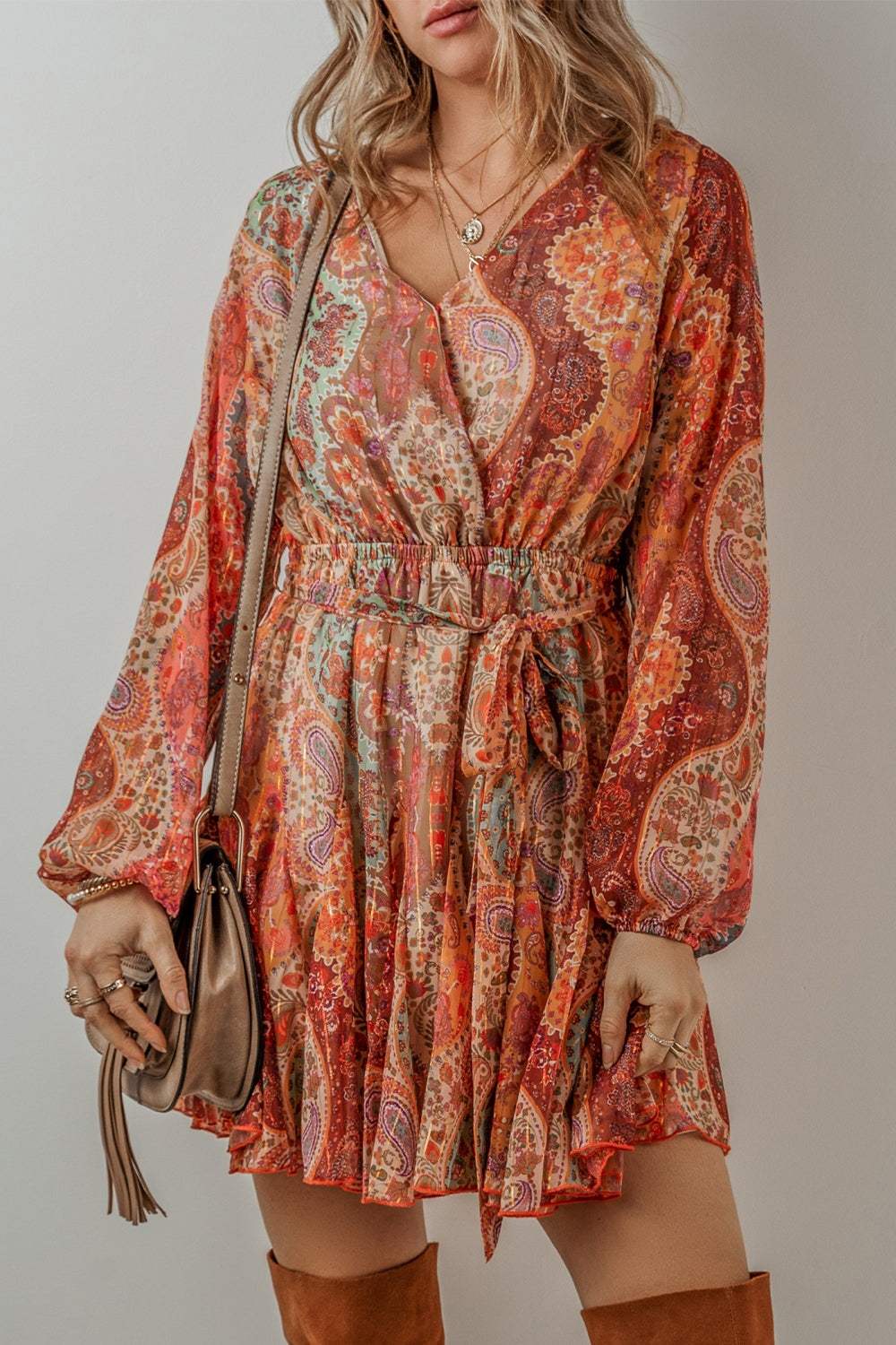 Tied Printed Balloon Sleeve Mini Dress - Trendsi - Flyclothing LLC