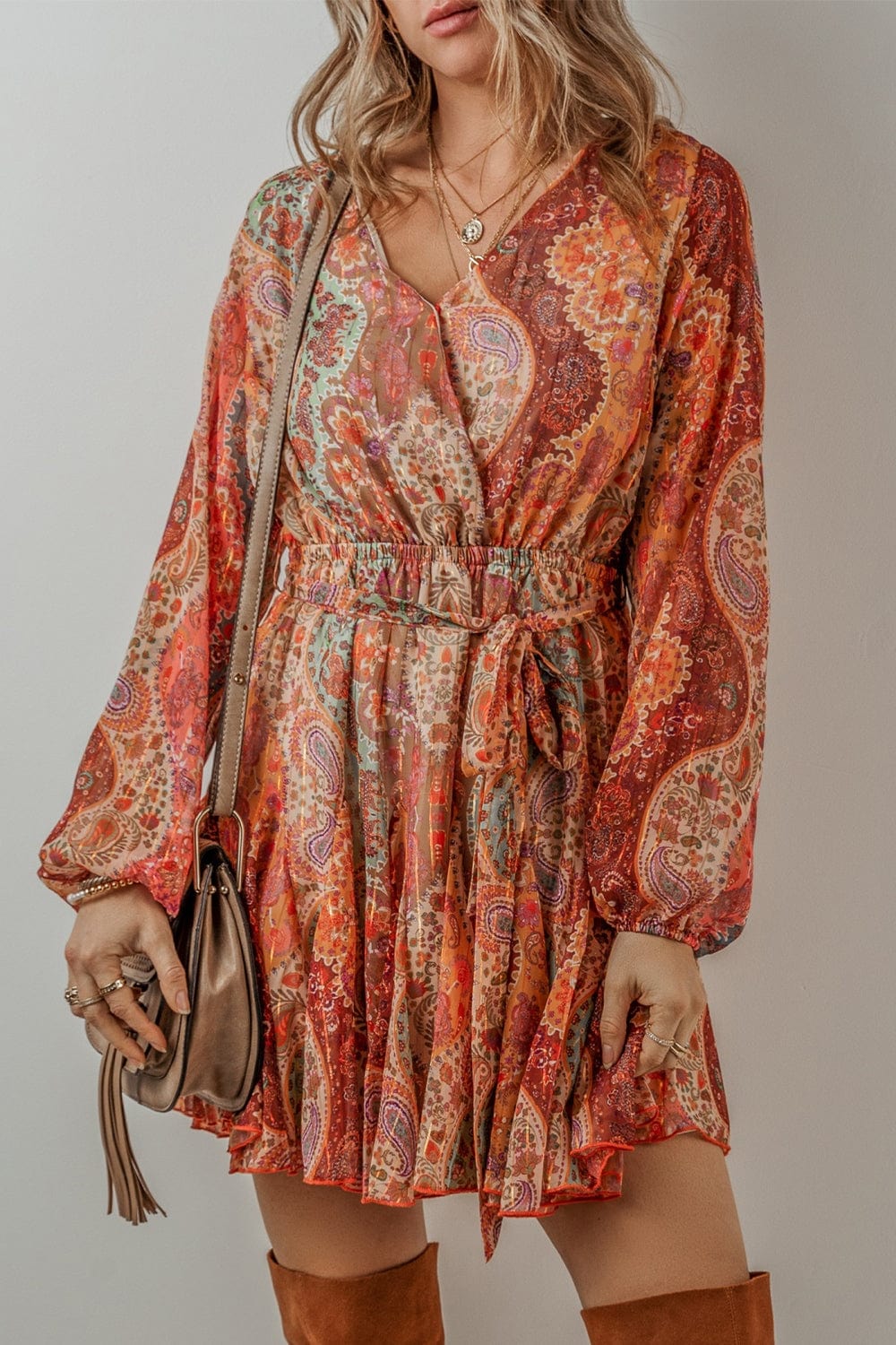 Tied Printed Balloon Sleeve Mini Dress - Trendsi