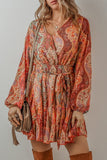 Tied Printed Balloon Sleeve Mini Dress - Trendsi