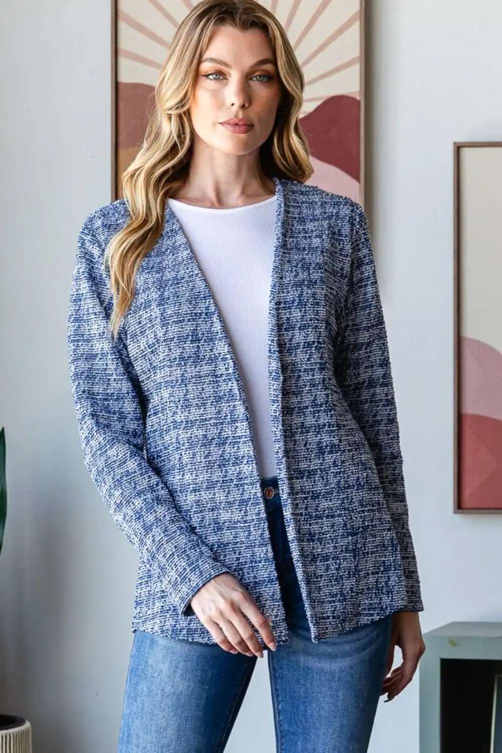Heimish Full Size Houndstooth Tweed Open Front Blazer - Trendsi