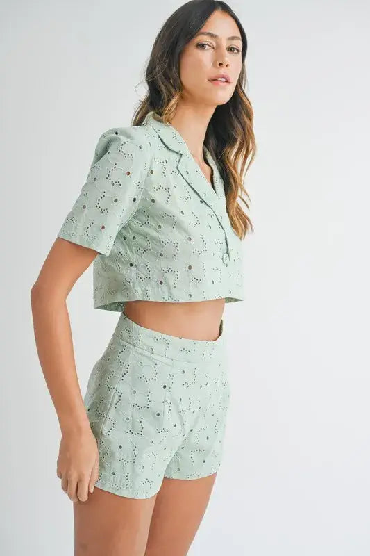 MABLE Eyelet Short Sleeve Crop Top and Shorts Set - Trendsi - Flyclothing LLC