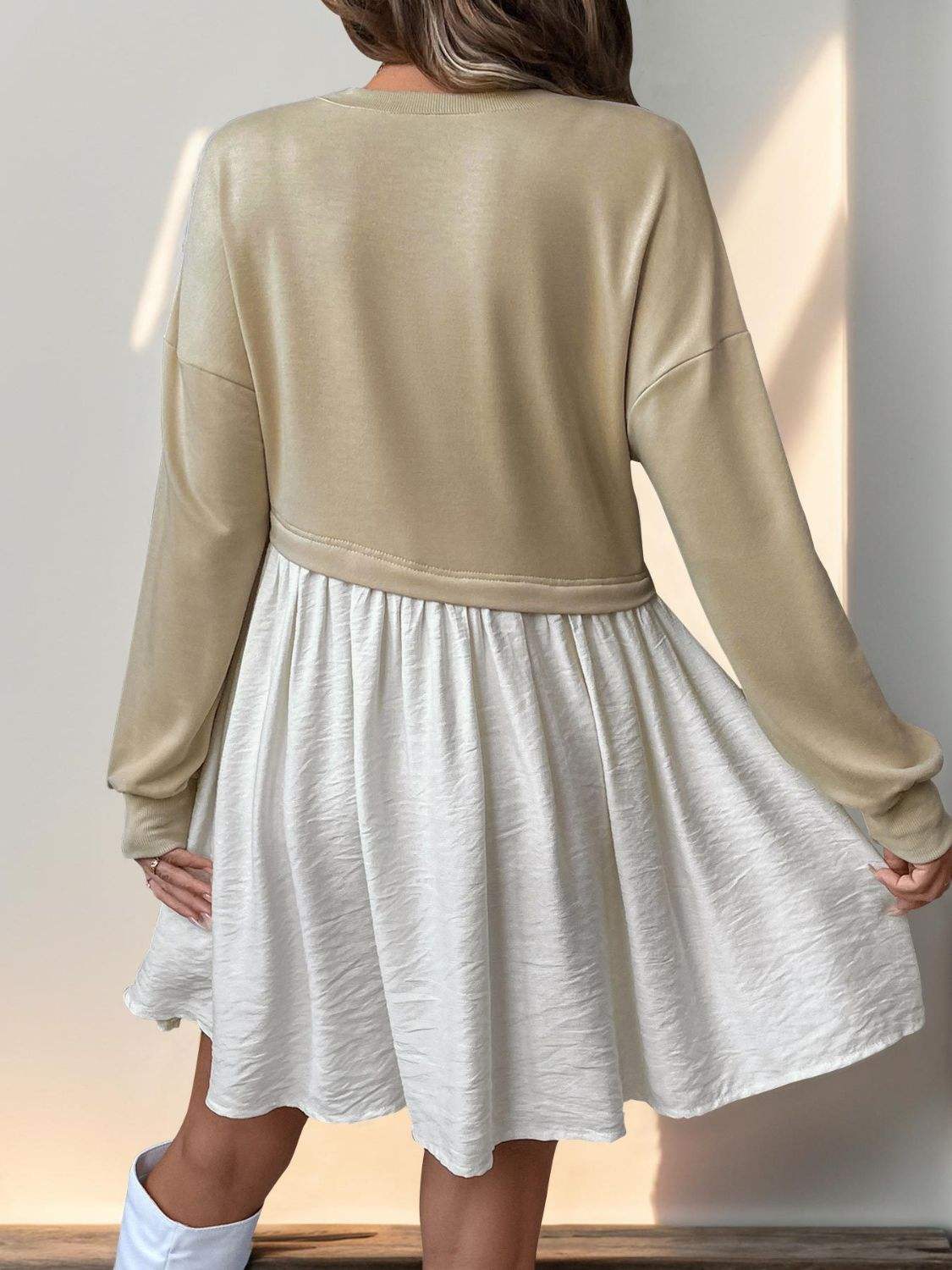 Perfee Contrast Round Neck Long Sleeve Mini Dress - Trendsi - Flyclothing LLC