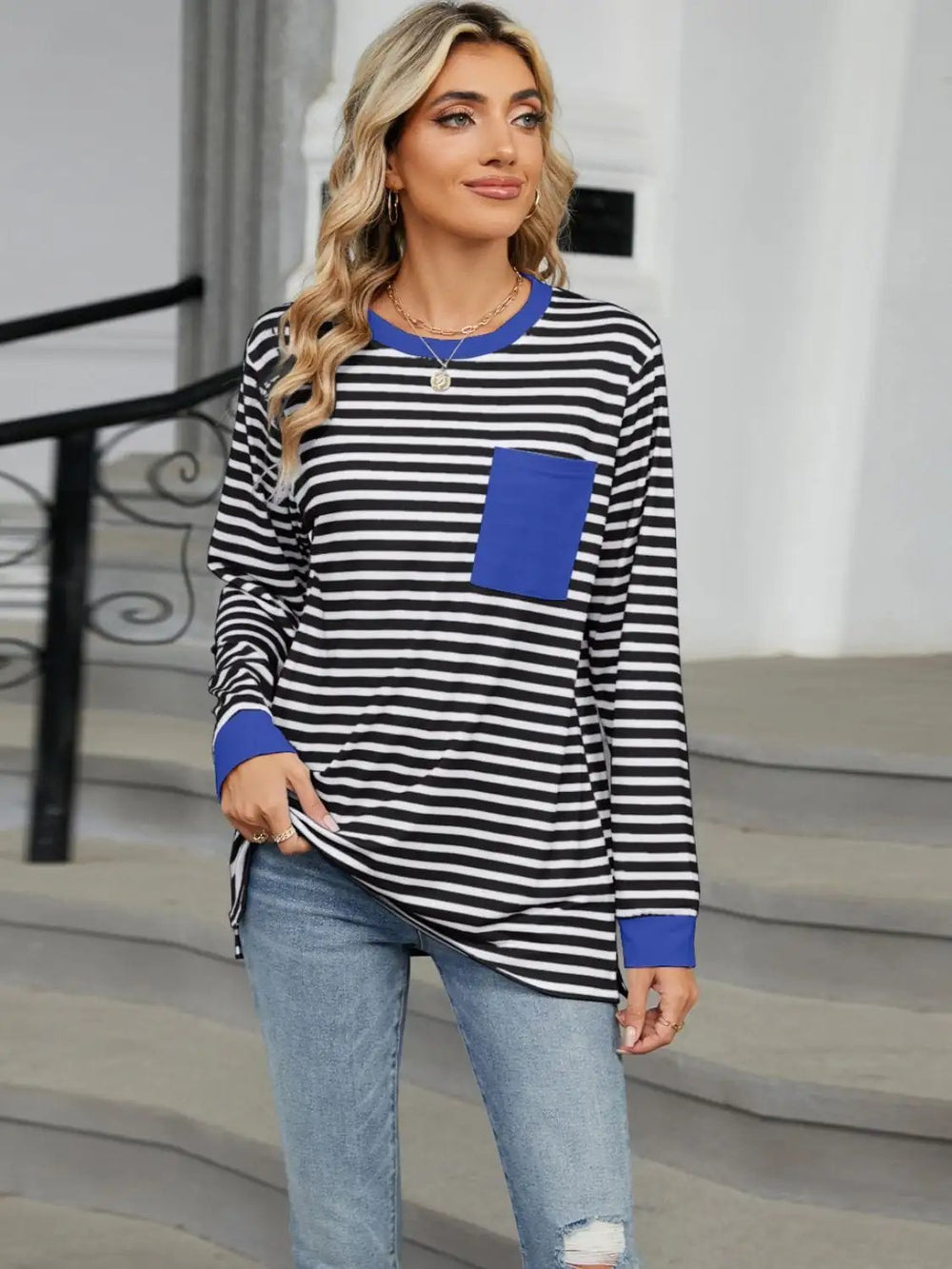 Pocketed Striped Round Neck Long Sleeve T-Shirt - Trendsi