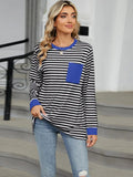 Pocketed Striped Round Neck Long Sleeve T-Shirt - Trendsi