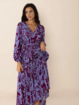 Printed Tie Neck Balloon Sleeve Maxi Dress - Trendsi - Flyclothing LLC
