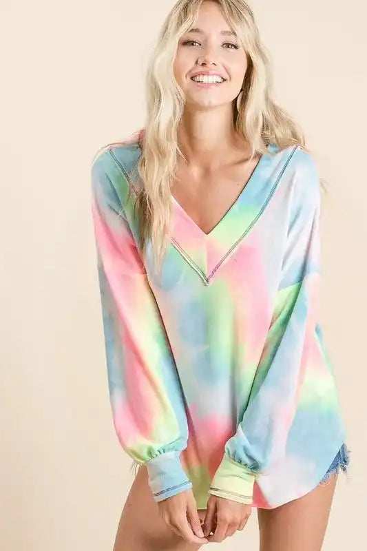 BiBi Tie Dye French Terry V-Neck Top with Puff Sleeves - Trendsi - Flyclothing LLC